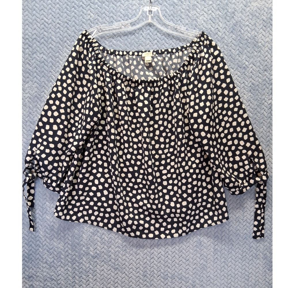 J.Crew Navy White Polka Dot Off The Shoulder Tie Sleeve Blouse Size Small